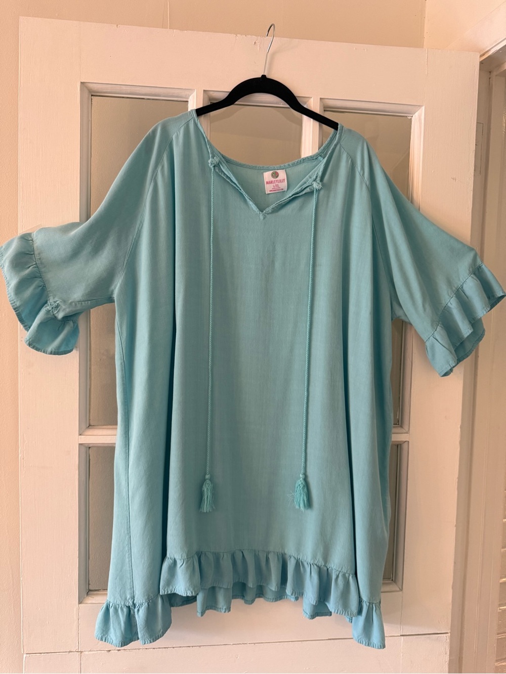 Marleylilly Aqua Ruffle Swimsuit Cover Up Tassel Tunic L/XL